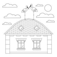 House with storks on the roof with sky, black line drawing, doodle isolated on white background. vector