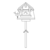 Bird feeder with bird, black line drawing, doodle isolated on white background. vector