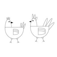 Funny chickens, black line drawing, doodle isolated on white background. vector
