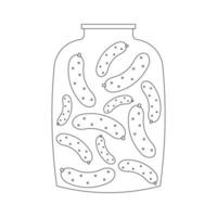 Jar with cucumbers, black line drawing, doodle isolated on white background. vector