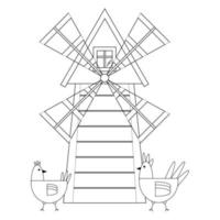 Mill with chickens passing by, black line drawing, doodle isolated on white background. vector