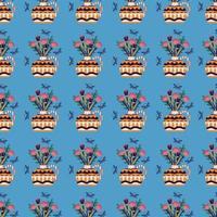 Vector seamless pattern, texture with vases with a bouquet of flowers and bees on a blue background