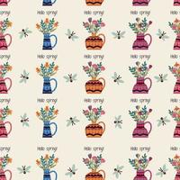 Vector seamless pattern, texture with vases, pots with a bouquet of flowers, bees and text, hello spring on a light background