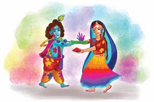 holi saludos con alegre Krishna y radha jugando con colores diseño vector