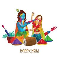 holi saludos con alegre Krishna y radha jugando con colores diseño vector