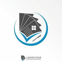 check list, pen, paper layers, and roof house window with swoosh around image graphic icon logo design abstract concept vector stock. Can be used as a symbol related to Audit or property