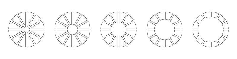 Wheels round divided in twelve sections. Diagrams infographic set. Circle section graph line art. Pie chart icons. Outline donut charts or pies segmented on 12 equal parts. Geometric element. vector