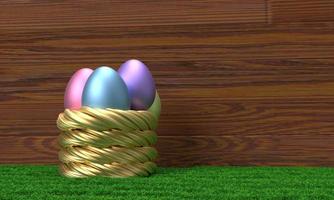 Nest basket golden yellow orange line gradient color wooden oak background copy space grass green color natural spring season time happy easter egg animal chicken april month object holiday .3d render photo