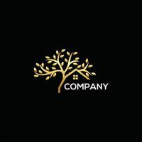 Tree gold House Logo Design Template, Tree Home logotype Design vector, Nature eco House Logo Free Vector