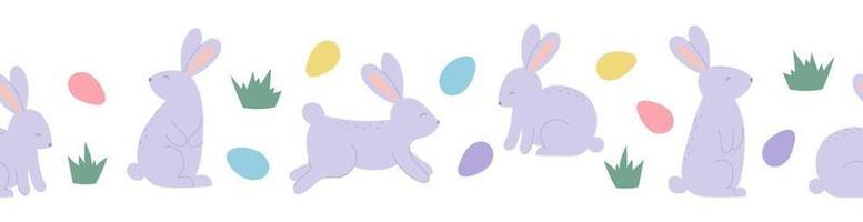 Seamless border with cute rabbits and eggs. Template for Easter decor, invitation, cards. vector