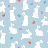 Seamless pattern with cute rabbits and eggs on blue background. Template for Easter decor, invitation, cards. vector