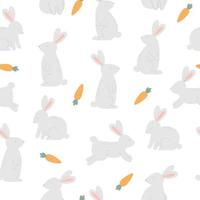 Seamless pattern with cute rabbits and carrots on white background. Template for Easter decor, invitation, cards. vector