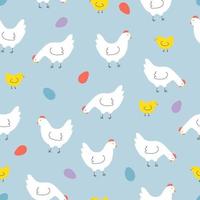 Seamless pattern with hens, chickens and eggs. Background for Easter, decor, invitation, cards. vector