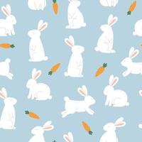 Seamless pattern with cute rabbits and carrots on blue background. Template for Easter decor, invitation, cards. vector