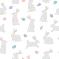 Seamless pattern with cute rabbits and eggs on white background. Template for Easter decor, invitation, cards. vector