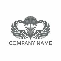 Military badge illustration of parachute with wings or parachutist badge used by Parachute Regiment in the British Armed Forces on isolated background in black and white retro style vector