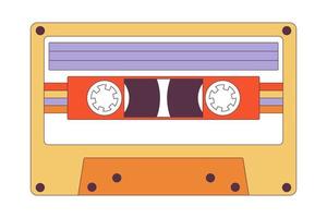 Retro stereo music cassette tape. Analogue magnetic audio tape. Cassette with retro label as vintage object for 80s revival mix tape design. Flat cartoon vector illustration on white background.