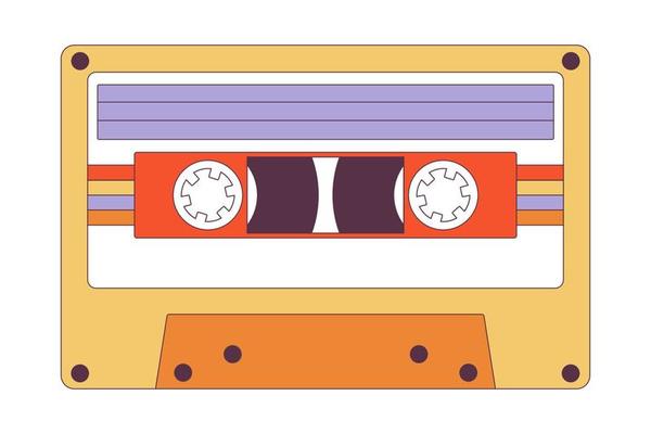 Retro stereo music cassette tape. Analogue magnetic audio tape. Cassette with retro label as vintage object for 80s revival mix tape design. Flat cartoon vector illustration on white background.