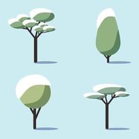 A set of green snow-covered deciduous trees with shadows. Design element for nature logo or banner. Vector illustration in the flat style on a blue background.