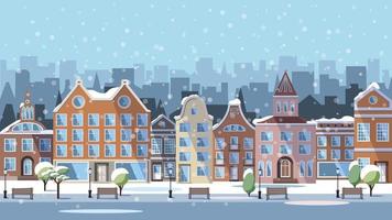 invierno europeo ciudad - casas y tiendas, un parque con linternas y bancos, un cubierto de nieve ciudad. vector ilustración en un plano estilo es adecuado como un bandera, tarjeta postal o modelo.