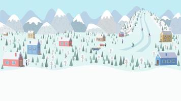 invierno paisaje, cubierto de nieve montaña casas de pueblo, carros, alpino complejo, montaña con esquí correr y elevar, esquiadores y practicantes de snowboard vector ilustración en un plano estilo con Copiar espacio - bandera.
