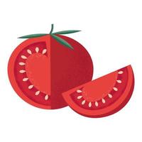 rojo tomate con hojas y un rebanada en el estilo de un moderno plano con un ruidoso grunge textura. vegetal para el Mediterráneo o vegano dieta . valores vector ilustración aislado en un blanco antecedentes