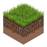 Lawn care - aeration and scarification. Labels by stage-during. Intake of substances-water, oxygen, and nutrients to feed the grass and soil. Vector isometric illustration isolated