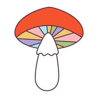 Retro 70s Groovy Hippie sticker stylizes hippie mushroom. Psychedelic cartoon element -funky fungus illustration in vintage hippy style. Vector flat illustration for banner, flyer, invitation, card.