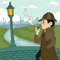 Young Detectives are Looking for Clues on the Bridge with his Favorite Tobacco Pipe vector