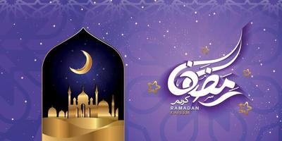 ramadan kareem in arabic calligraphy greetings with islamic mosque vector