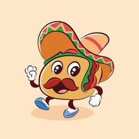 Cute mexican taco cartoon character vector illustration with hat. Mexican traditional street food. Fast food mascot. Mexican food Cartoon Style.