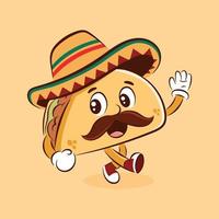 Cute happy mexican taco cartoon character vector illustration with hat. Funny mexican food cartoon. Fast food mascot. Fast food Cartoon Style.