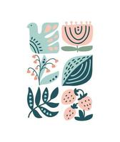 Vector spring logo composition ethnic pattern of flower, bird, leaf, branch, strawberry. Cute boho illustration in hand drawn nordic constructor for scandinavian greeting card