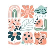 Vector spring ethnic logo composition pattern of rainbow, sun, cloud leaf, cat flower, ladybug. Cute boho illustration in hand drawn constructor in square for scandinavian greeting card