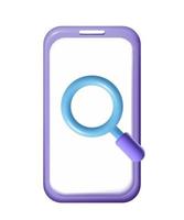 Searching on internet with smartphone icon. 3d minimal magnifying with device. Mobile phone with search. vector mesh illustration database concept, document management