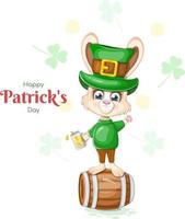 Happy St. Patrick's Day card with bunny, beer mug and barrel vector