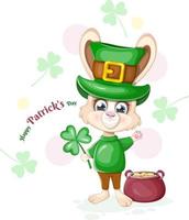 Postcard Happy St. Patrick's Day. Cute bunny with a shamrock and a pot of gold vector