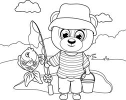 Coloring page. A bear with a fishing rod, a bucket and a fish by the pond vector