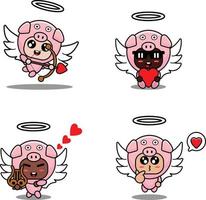 vector illustration cartoon animal mascot costume character pig cupid set bundle