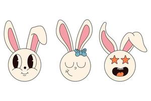 Groovy hippie Happy Easter characters. Set of Easter bunnies in trendy retro 60s 70s cartoon style. vector