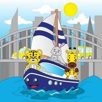 linda animal ilustración, guepardo, Conejo y jirafa montando un rápido barco en el mar con ciudad y puente vista, vector, eps10, editable vector