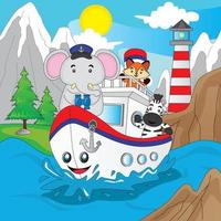 cute animal illustration, elephant, fox and zebra sailing in the sea with mountain view and lighthouse, vector, eps10, editable vector