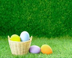 Easter eggs in the basket on green grass photo