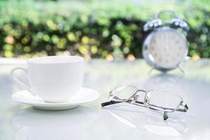 Eyeglasses on table at home photo