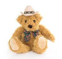 Cowboy teddy bear sitting on white photo