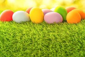 Colorful Easter eggs on green grass photo