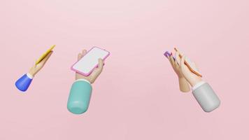 3d many hands holding smartphone spinning around isolated on pink background. online social, communication applications seo concept, 3d animation video