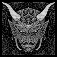 This Japan Hannya mask line art drawing depicts the haunting and captivating expression of the traditional Noh theater mask with intricate line work vector