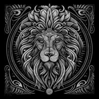 Stunning drawing portrays the majestic head of a lion adorned with a crown,symbolizing power and royalty. intricate details bring this regal creature to life, creating a truly captivating piece of art vector