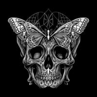 This tattoo features a skull with delicate butterfly wings, representing transformation and the fleeting nature of life. A fusion of beauty and death vector